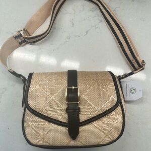 Elegant Cream and Black Woven Crossbody Bag